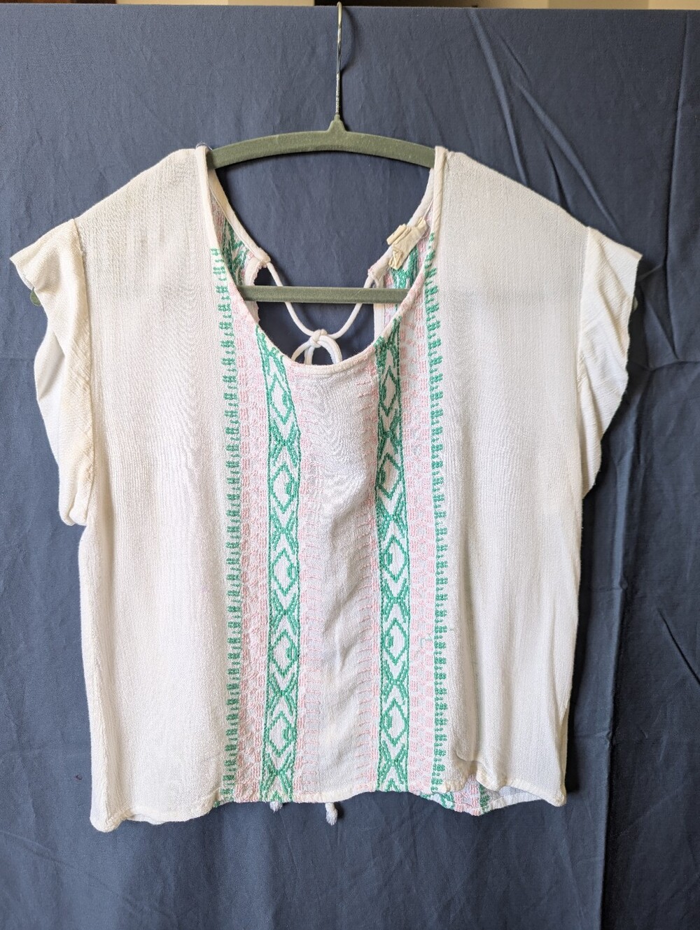 Women’s Embroidered Cream Short Sleeve Top with Green Accent
